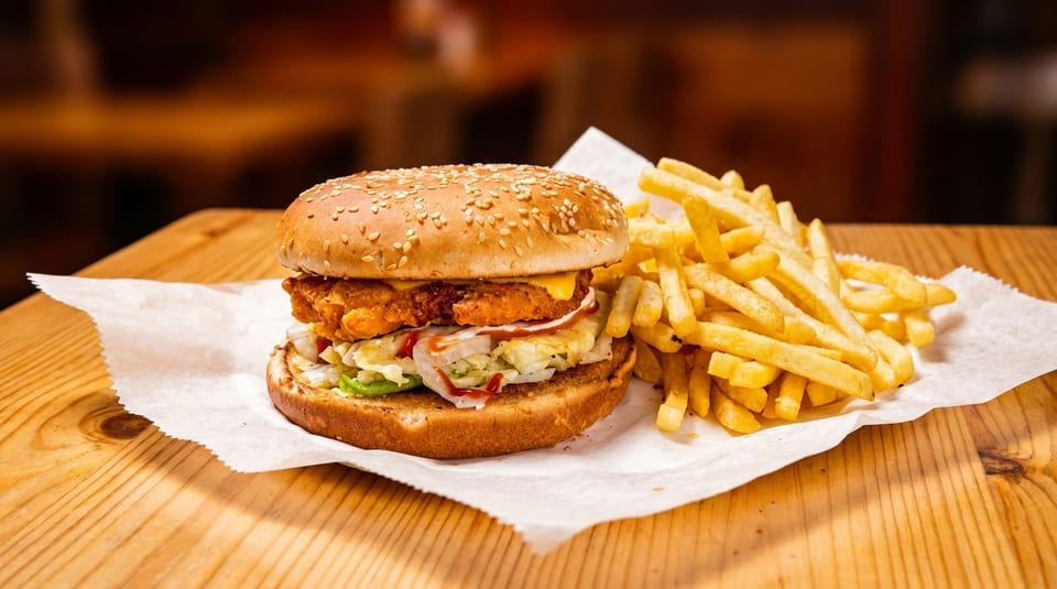 Crispy chicken burger with cheese, lettuce, onion, and ketchup, served with golden french fries.