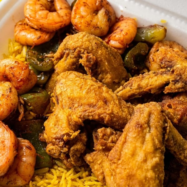 Fried chicken wings and grilled shrimp with green peppers over yellow rice in a white takeout container.