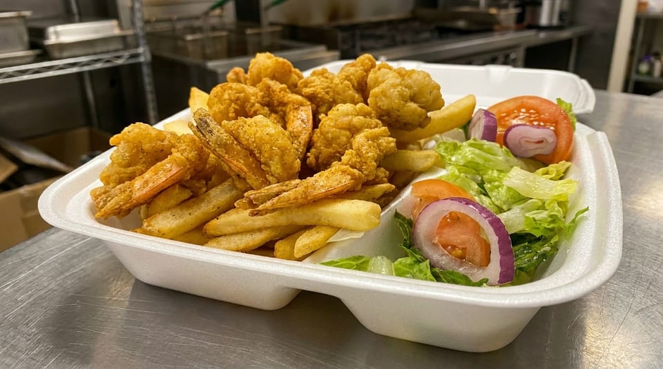Fried shrimp and french fries with a side salad in a white takeout container.