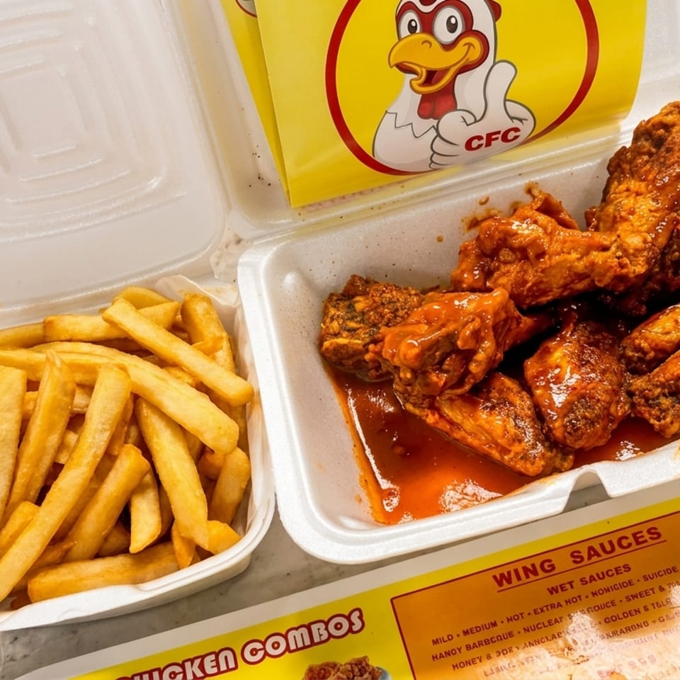 CFC hot wings with sauce and a side of fries in white takeout containers.