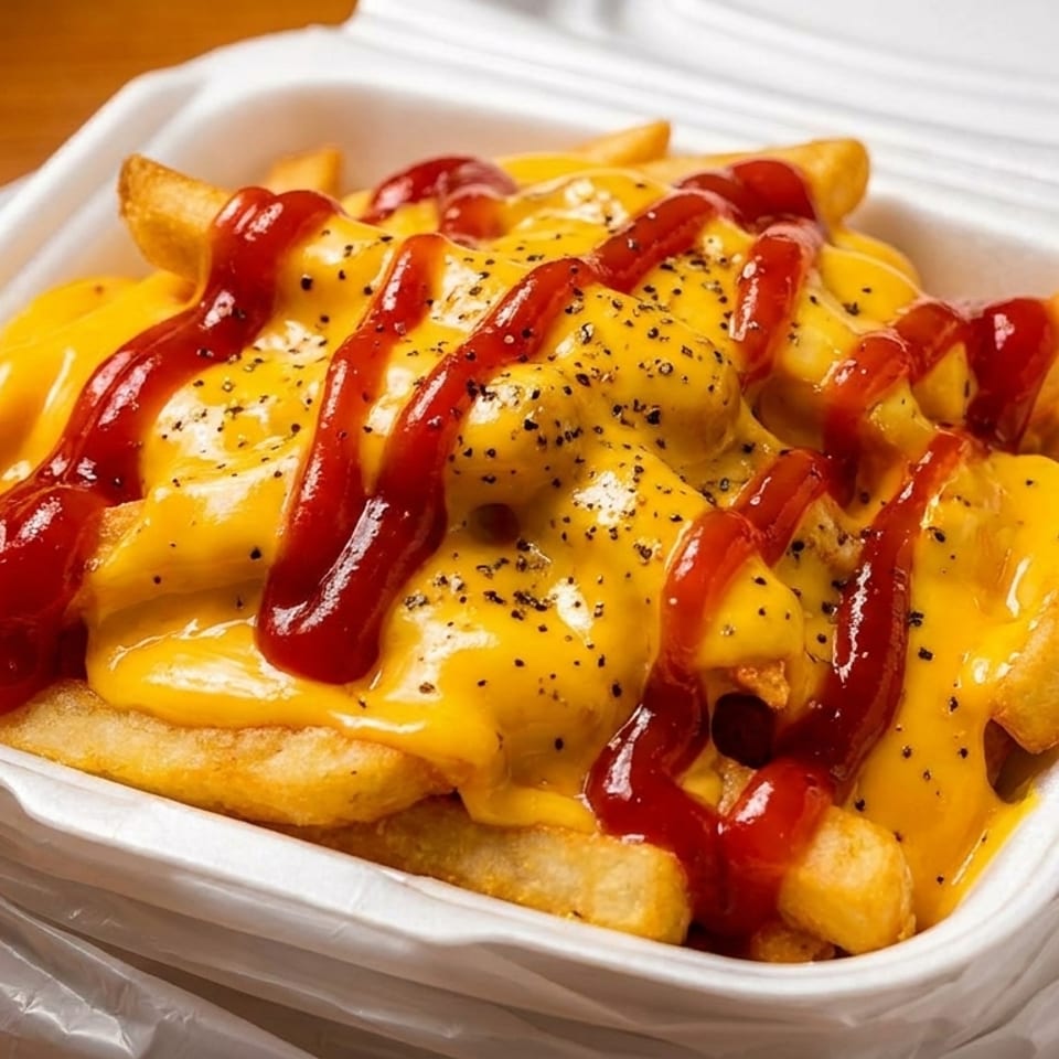Cheesy fries with ketchup and pepper in a white takeout container, inside a plastic bag.