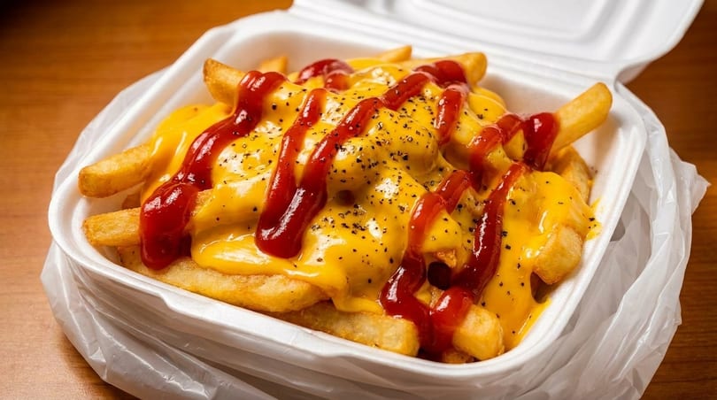 Cheesy fries with ketchup and pepper in a white takeout container, inside a plastic bag.