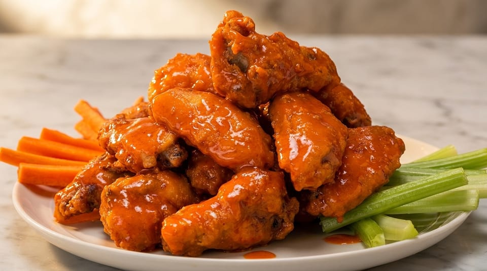 A plate of buffalo chicken wings with celery sticks and carrot sticks.