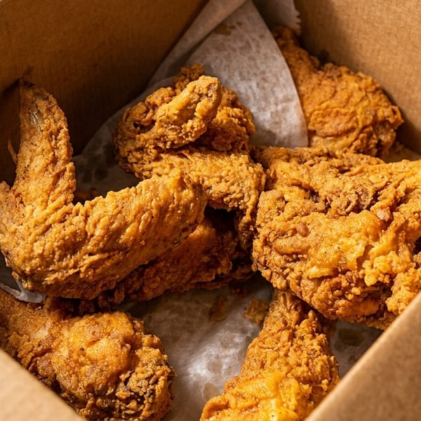 Crispy fried chicken pieces with golden-brown breading, served in a brown cardboard box.