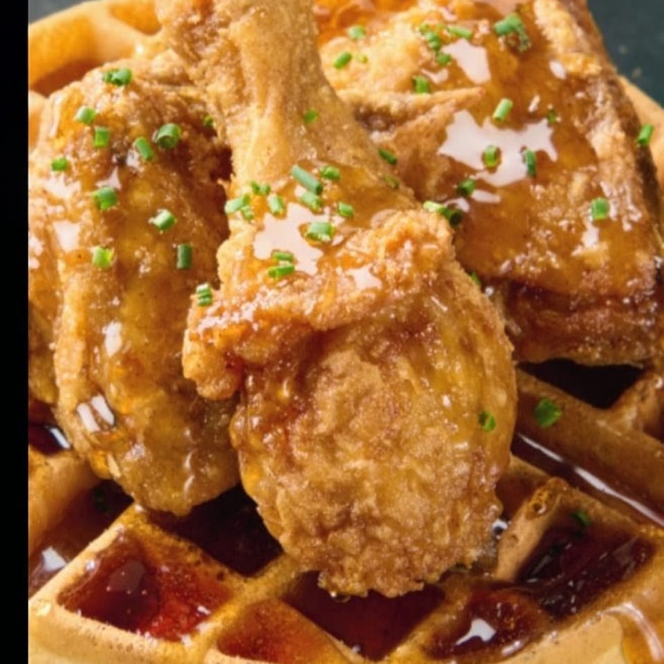 Crispy fried chicken drumsticks and wings drizzled with syrup and chives, served on a golden waffle.