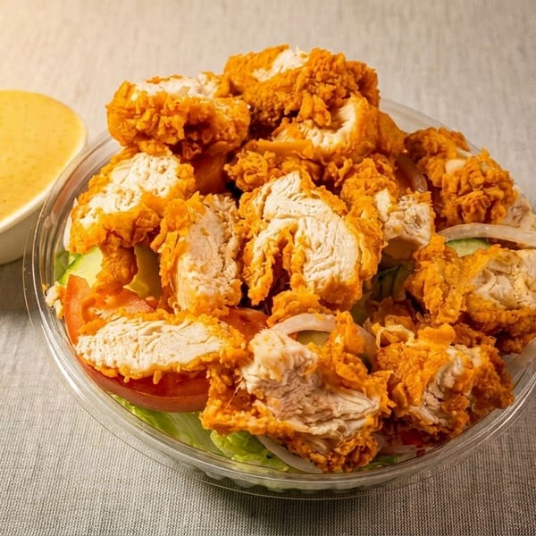 Crispy fried chicken pieces on a fresh salad with a side of creamy dressing.