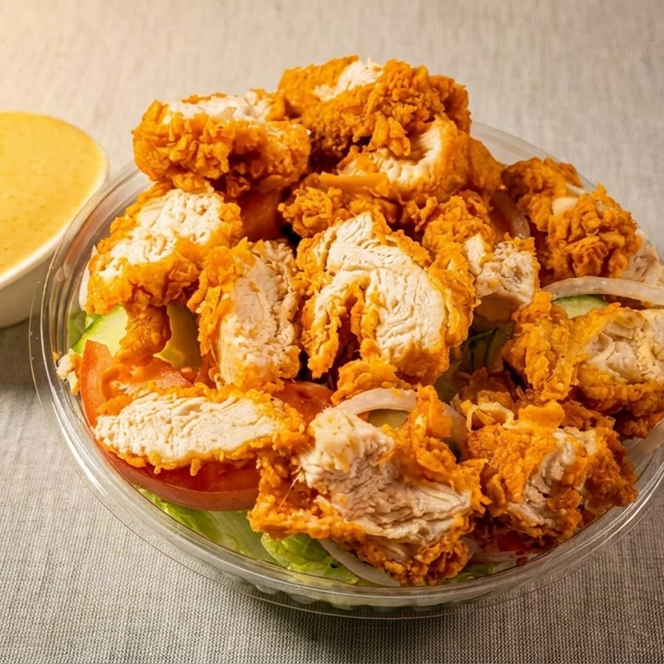 Crispy fried chicken pieces on a fresh salad with lettuce, tomatoes, and onions, with a side of dressing.