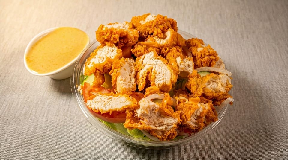 Crispy fried chicken pieces on a fresh salad with a side of creamy dressing.