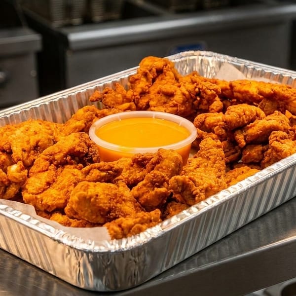 A foil tray filled with crispy fried chicken tenders and a cup of orange dipping sauce.
